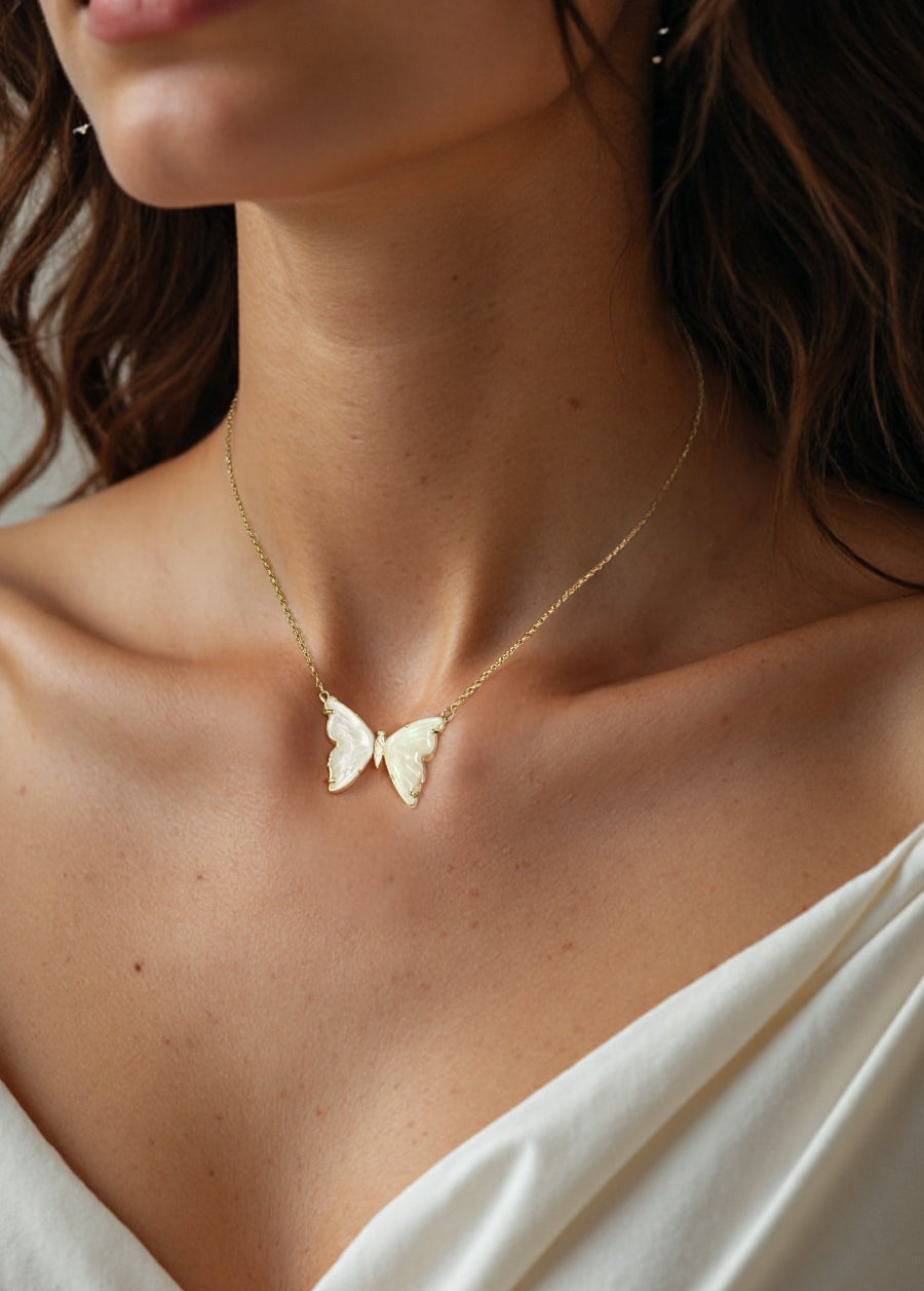 Elegant Mother of Pearl Butterfly CZ Necklace