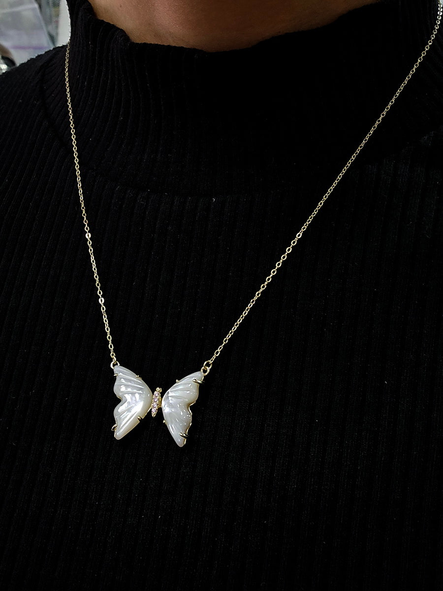 Elegant Mother of Pearl Butterfly CZ Necklace