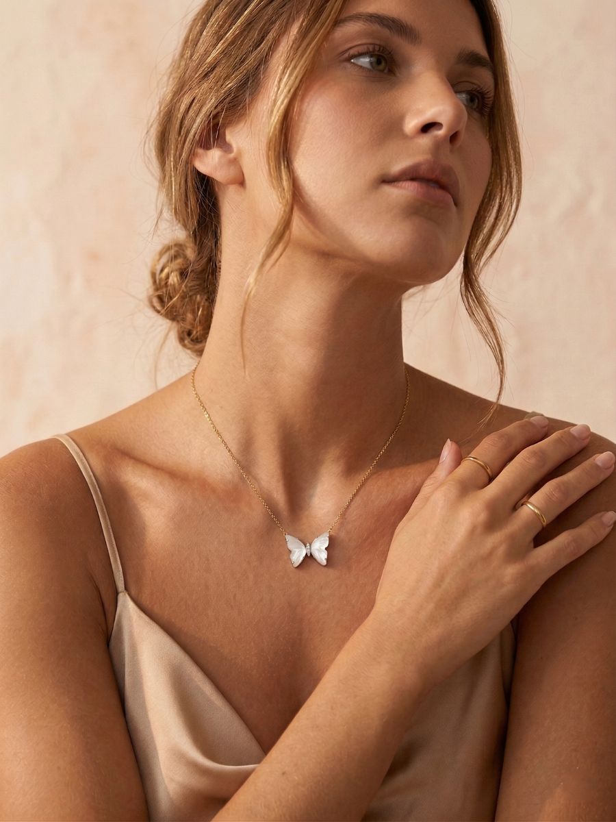 Elegant Mother of Pearl Butterfly CZ Necklace
