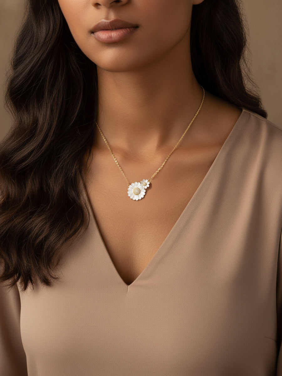 Mother of Pearl Double Flower Pendant Necklace