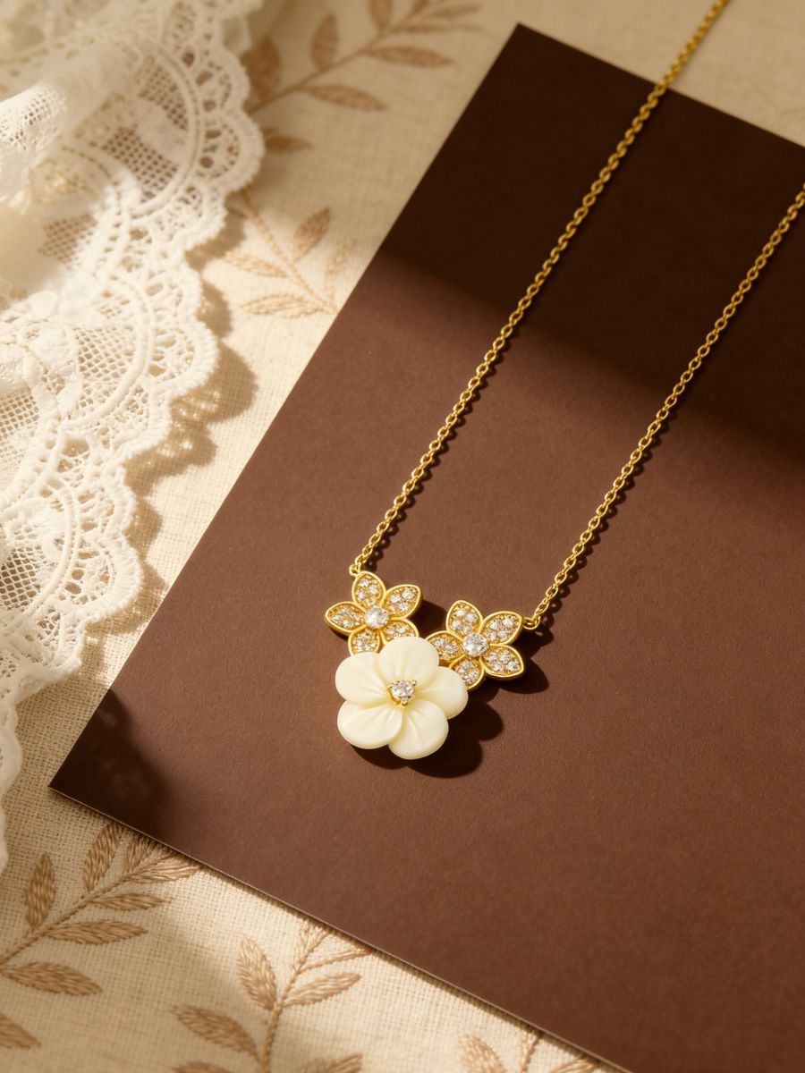 Premium Mother of Pearl & CZ Flower Pendant Necklace