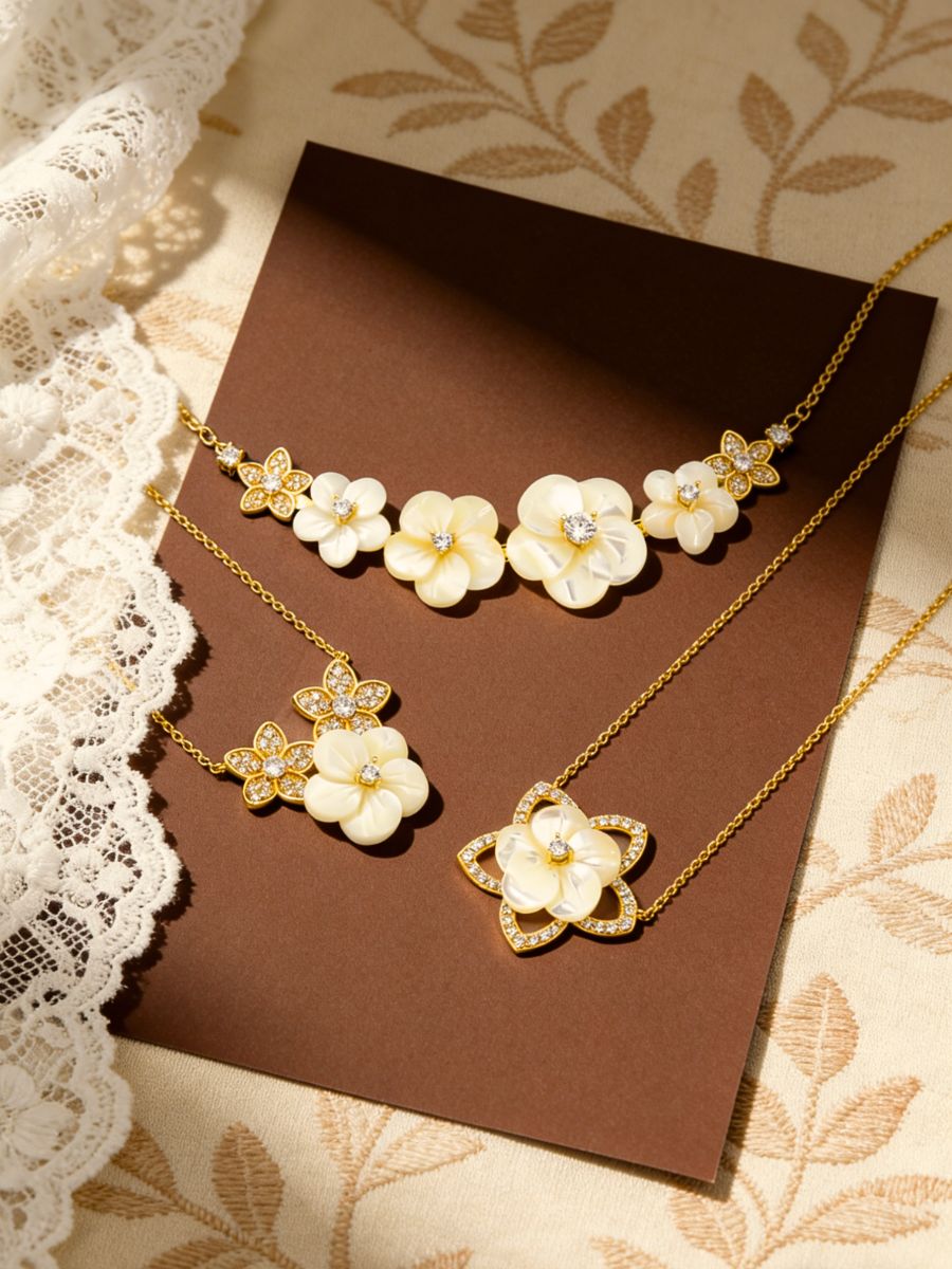 Carved Mother of Pearl Three Flower Bridal Necklace