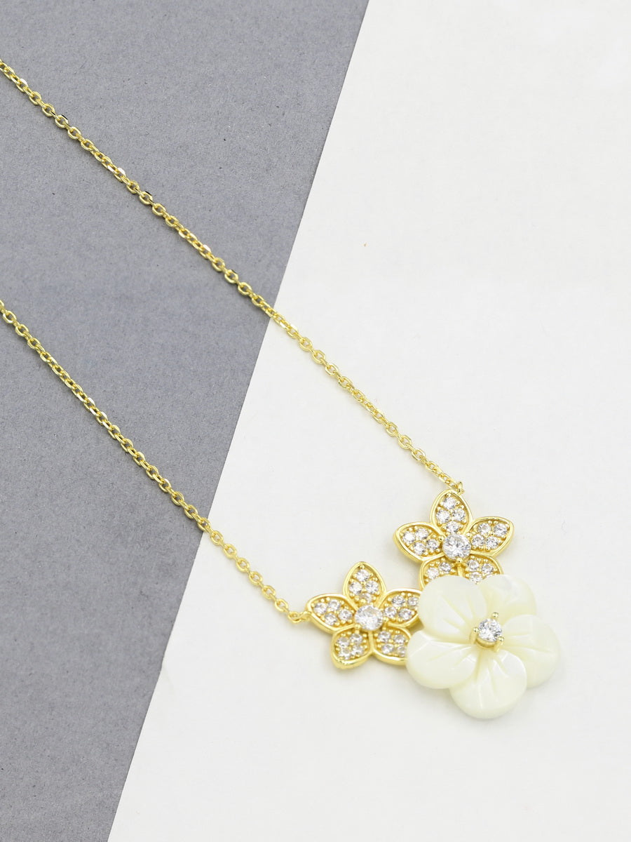 Premium Mother of Pearl & CZ Flower Pendant Necklace