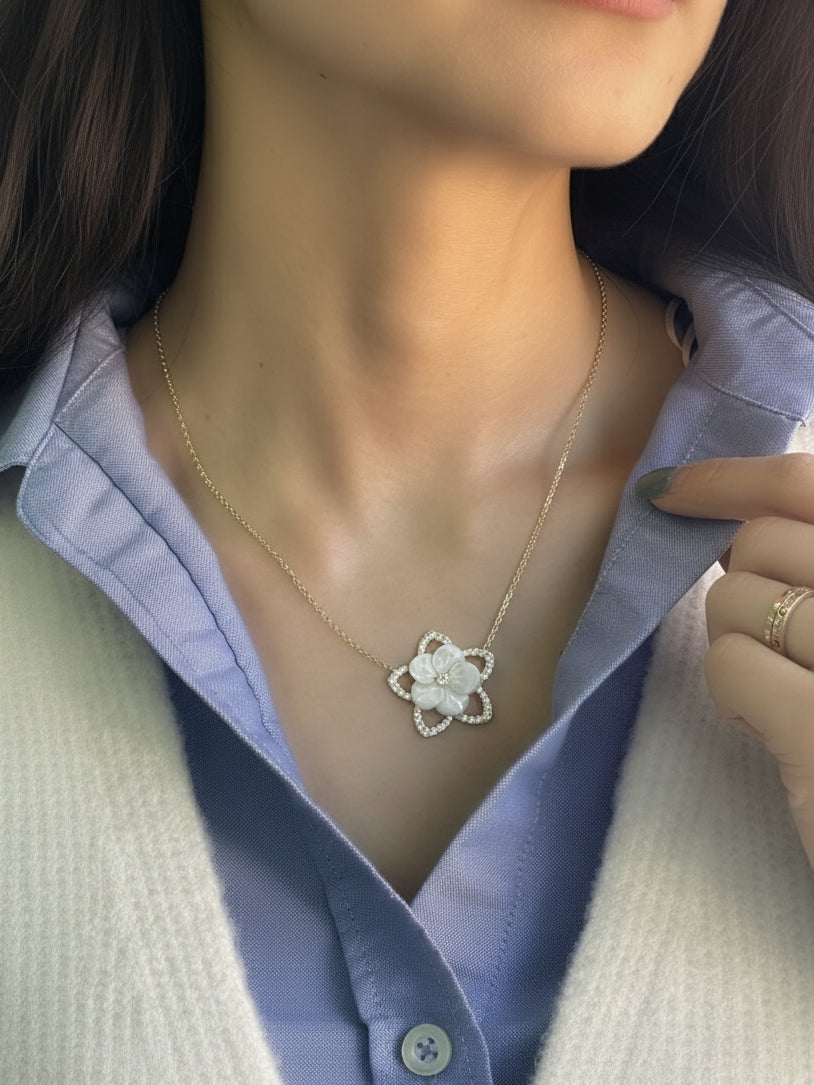 Sparkling Mother of Pearl Floral Pendant Necklace
