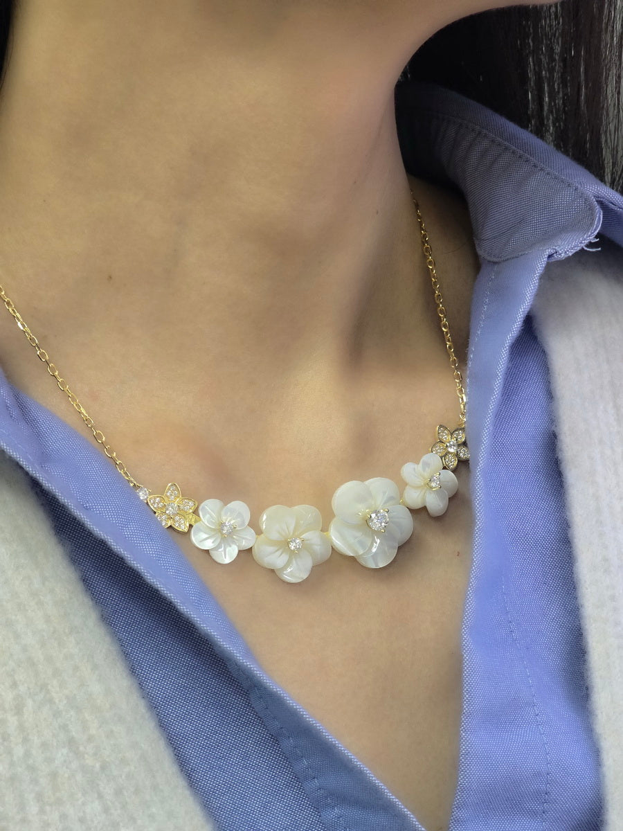 Carved Mother of Pearl Three Flower Bridal Necklace