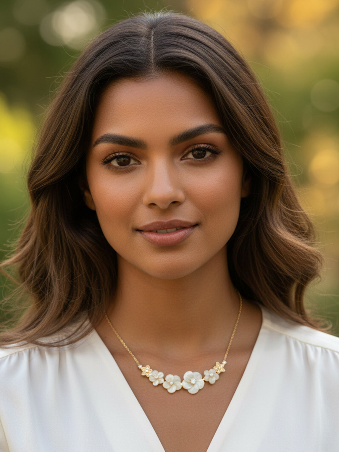 Carved Mother of Pearl Three Flower Bridal Necklace