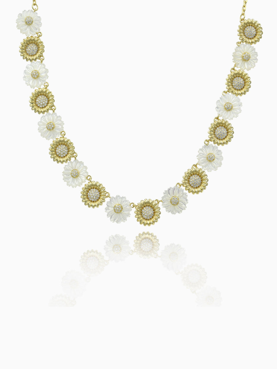 Mother of Pearl Gold Daisy Flower Statement Necklace