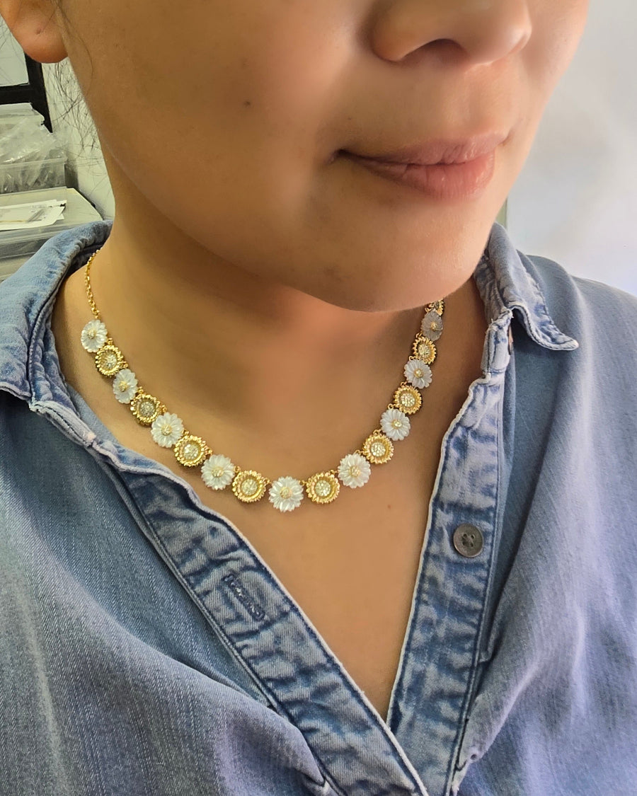 Mother of Pearl Gold Daisy Flower Statement Necklace