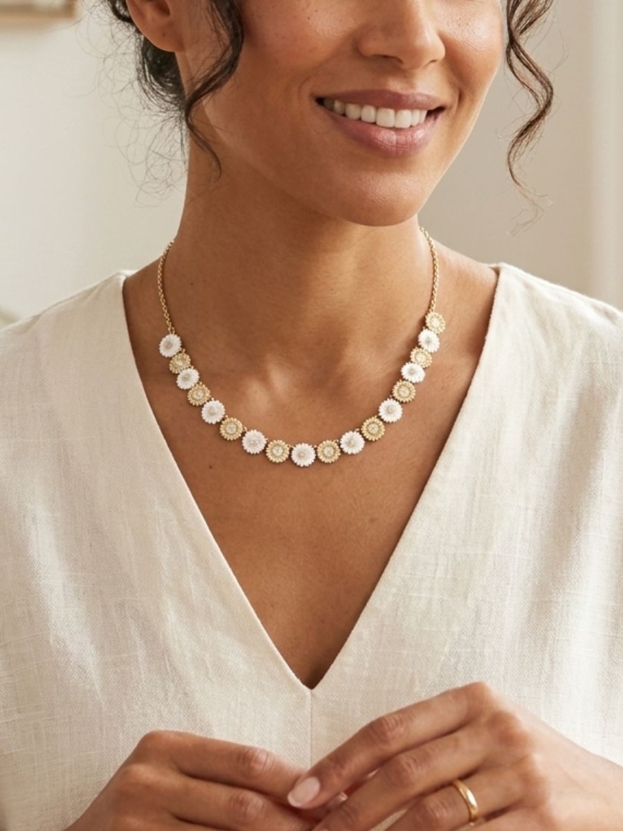 Mother of Pearl Gold Daisy Flower Statement Necklace