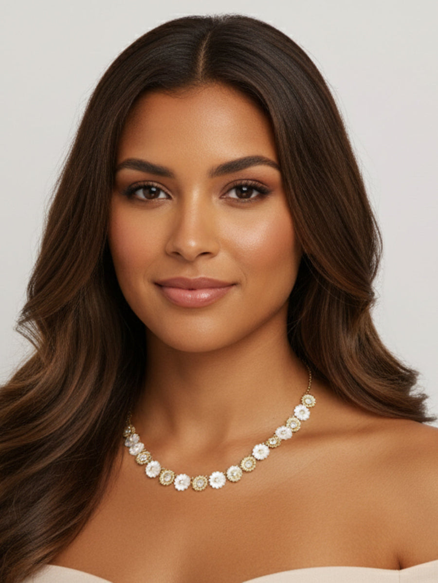 Mother of Pearl Gold Daisy Flower Statement Necklace