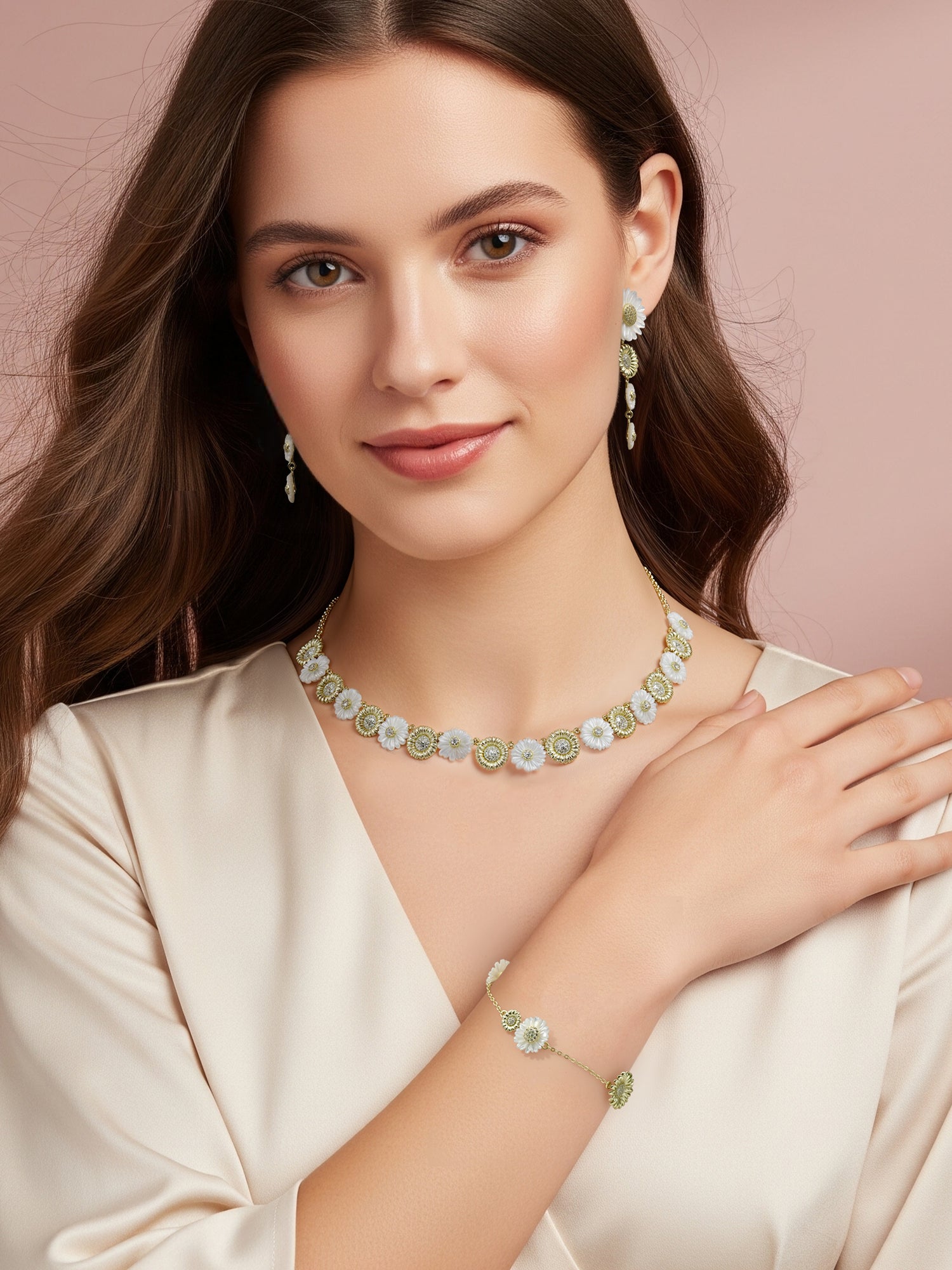 Mother of Pearl Gold Daisy Flower Statement Necklace