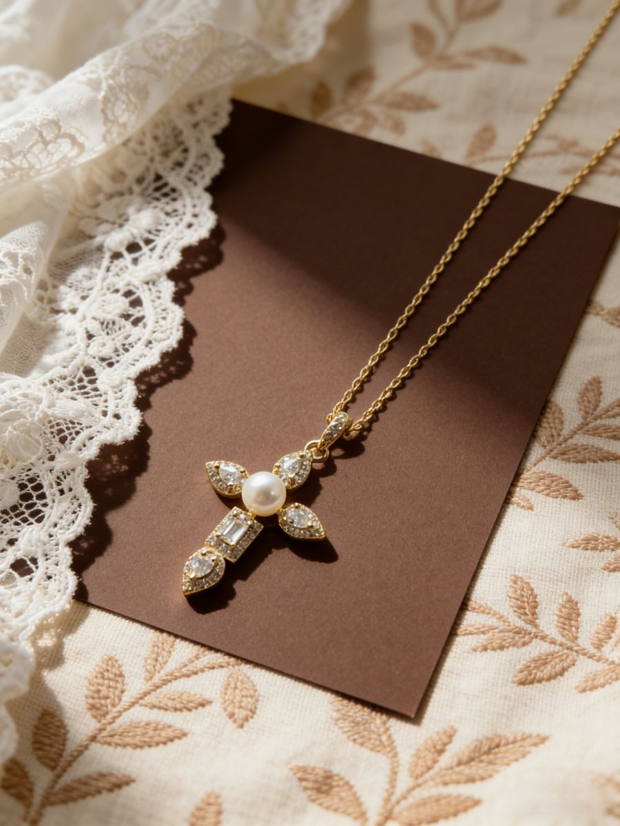 Fresh Water Pearl With CZ Cross Pendant