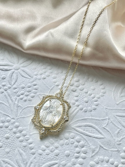 Mother of Pearl With CZ Virgin Mary Pendant