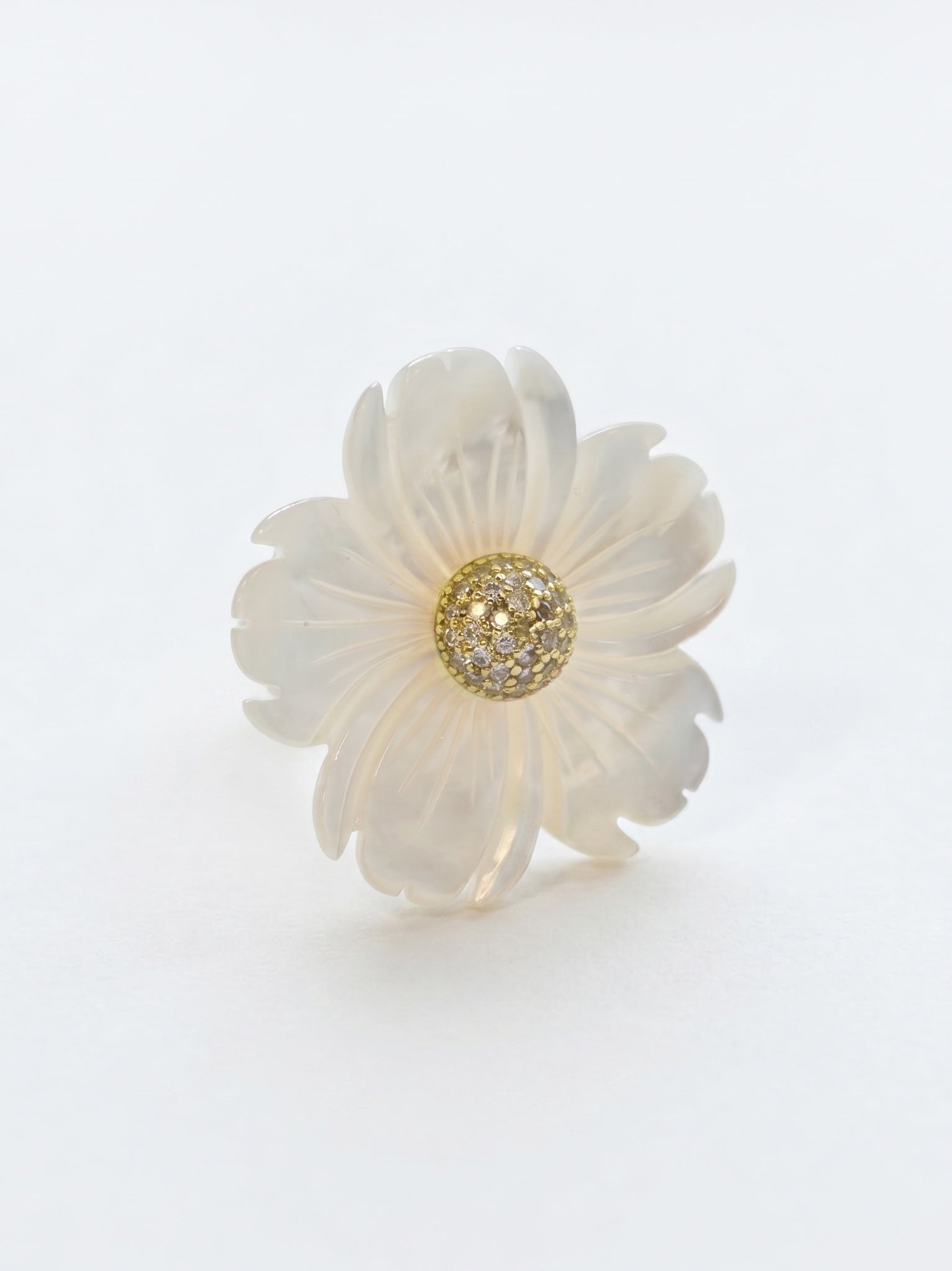 Mother of Pearl Hand Carved Flower with CZ Ring