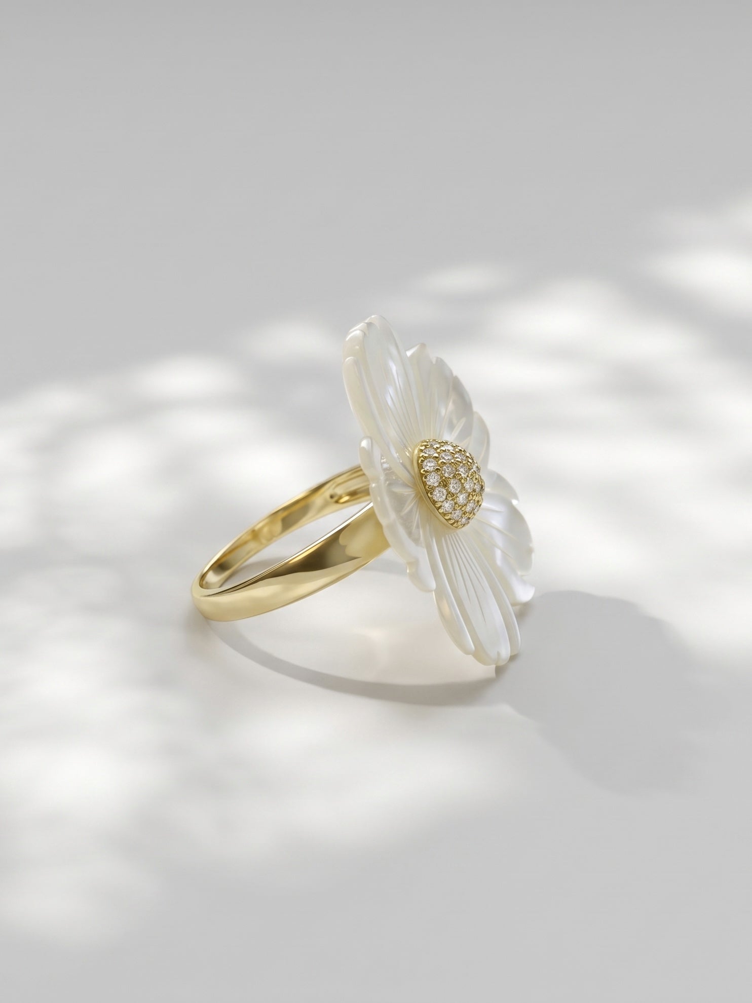 Mother of Pearl Hand Carved Flower with CZ Ring