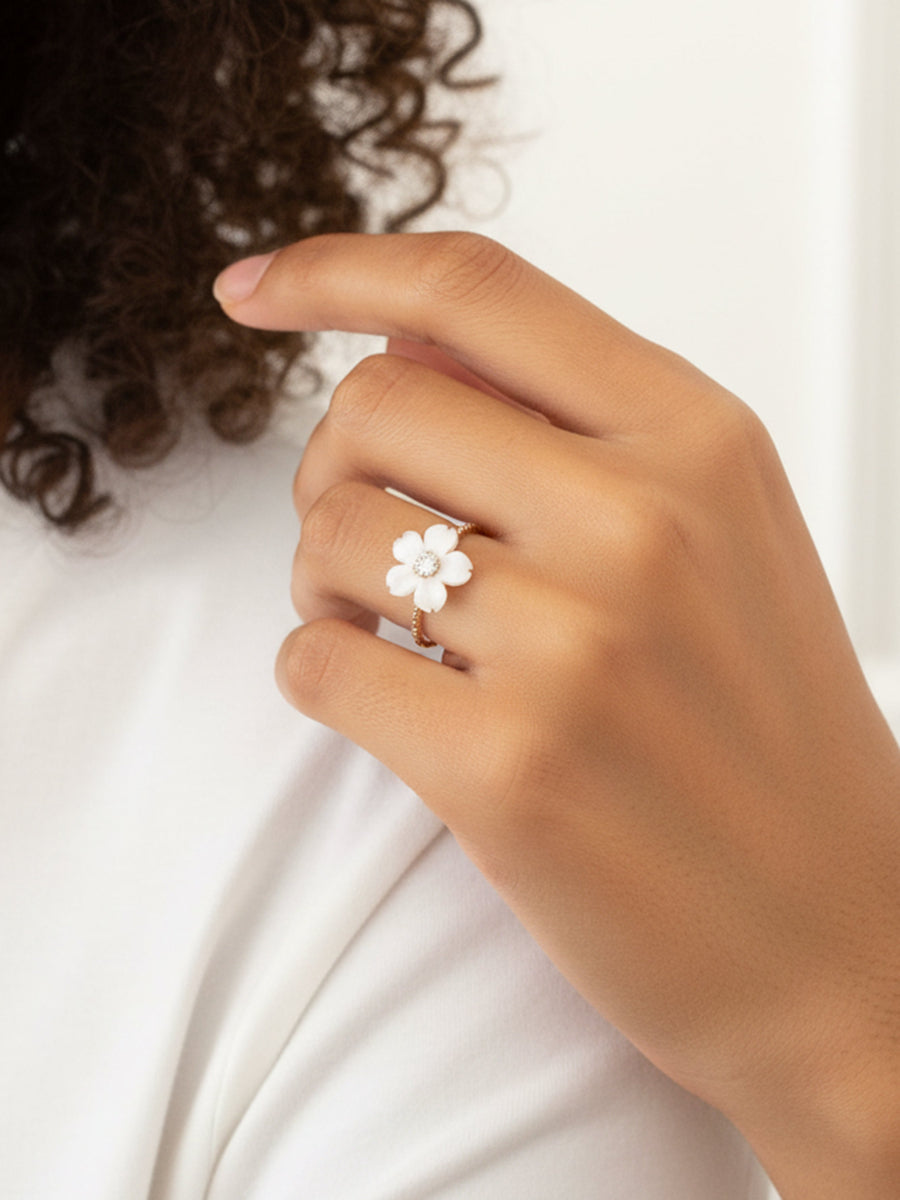 Flower Mother of Pearl with CZ Elegant Ring
