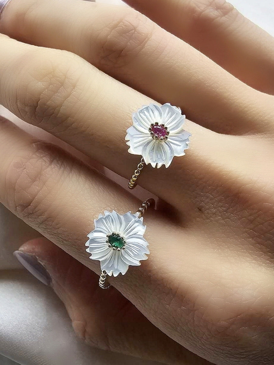 Mother of Pearl Hand Carved Flower Ring