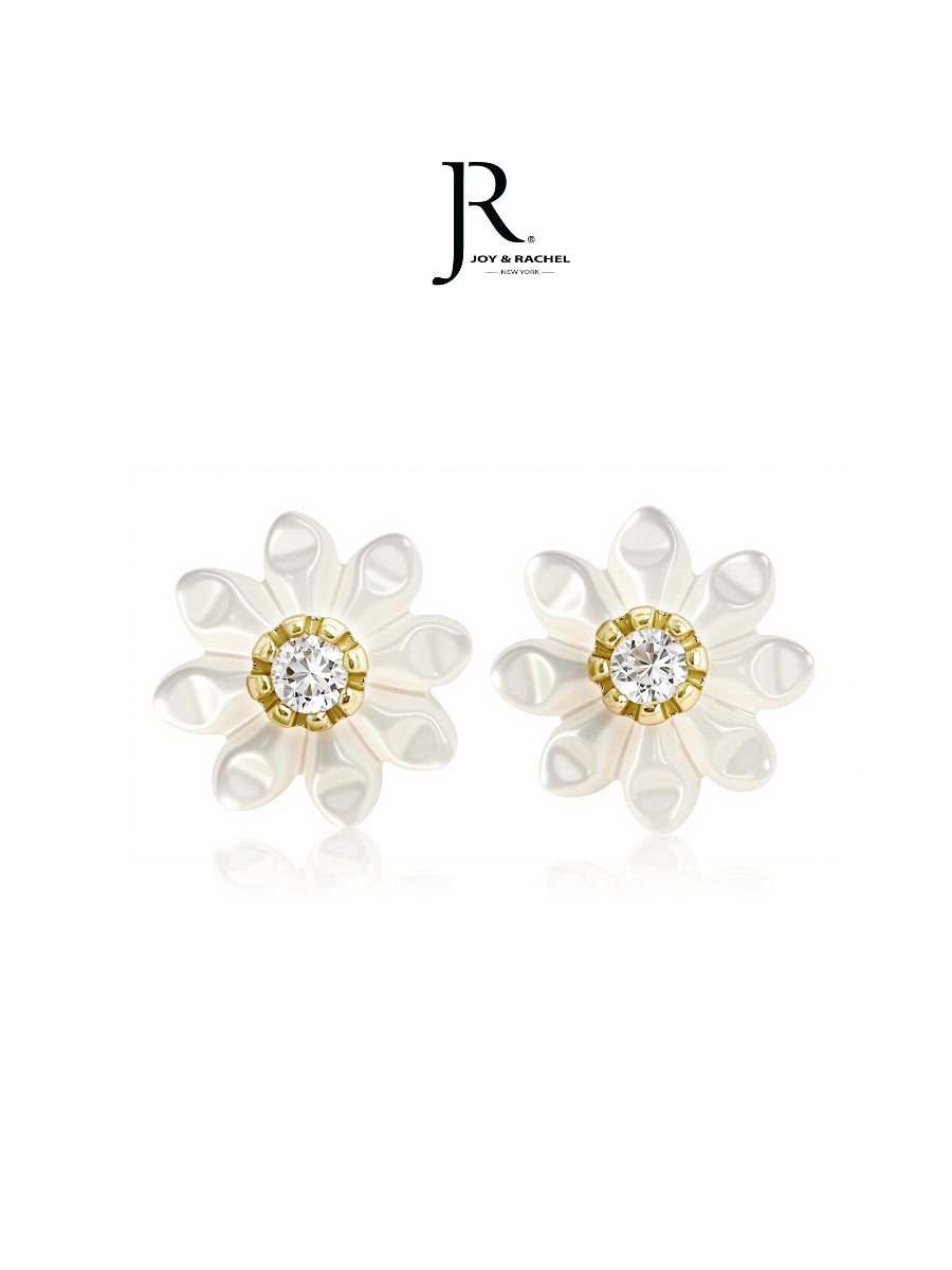 Carved MOP Flower with CZ Stud Earrings