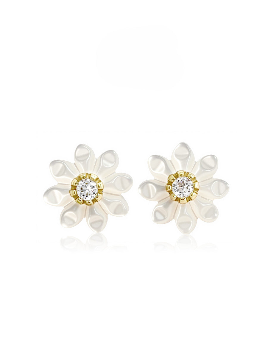 Carved MOP Flower with CZ Stud Earrings