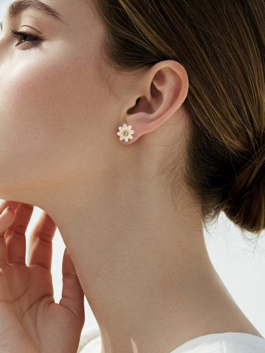 Carved MOP Flower with CZ Stud Earrings