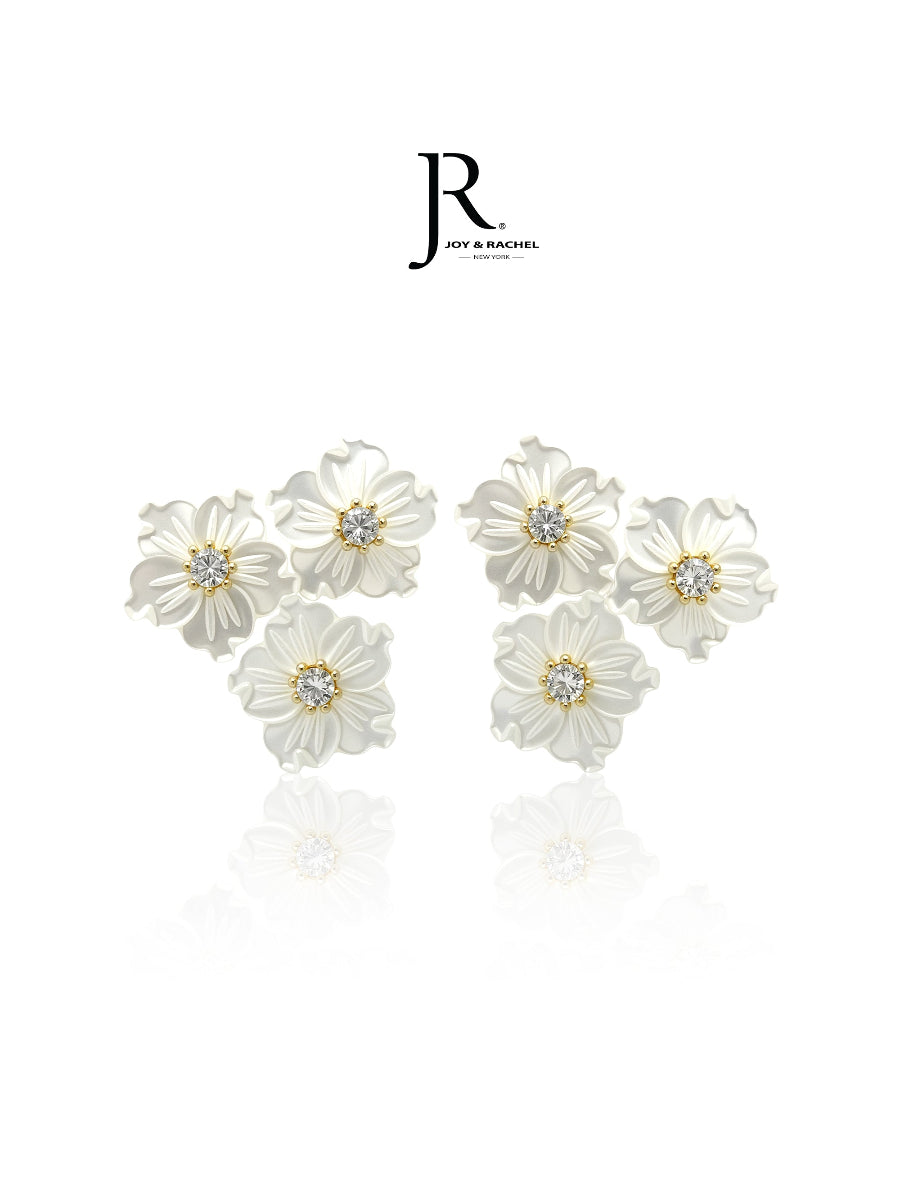 Triple Flowers Mother of Pearl CZ Earrings