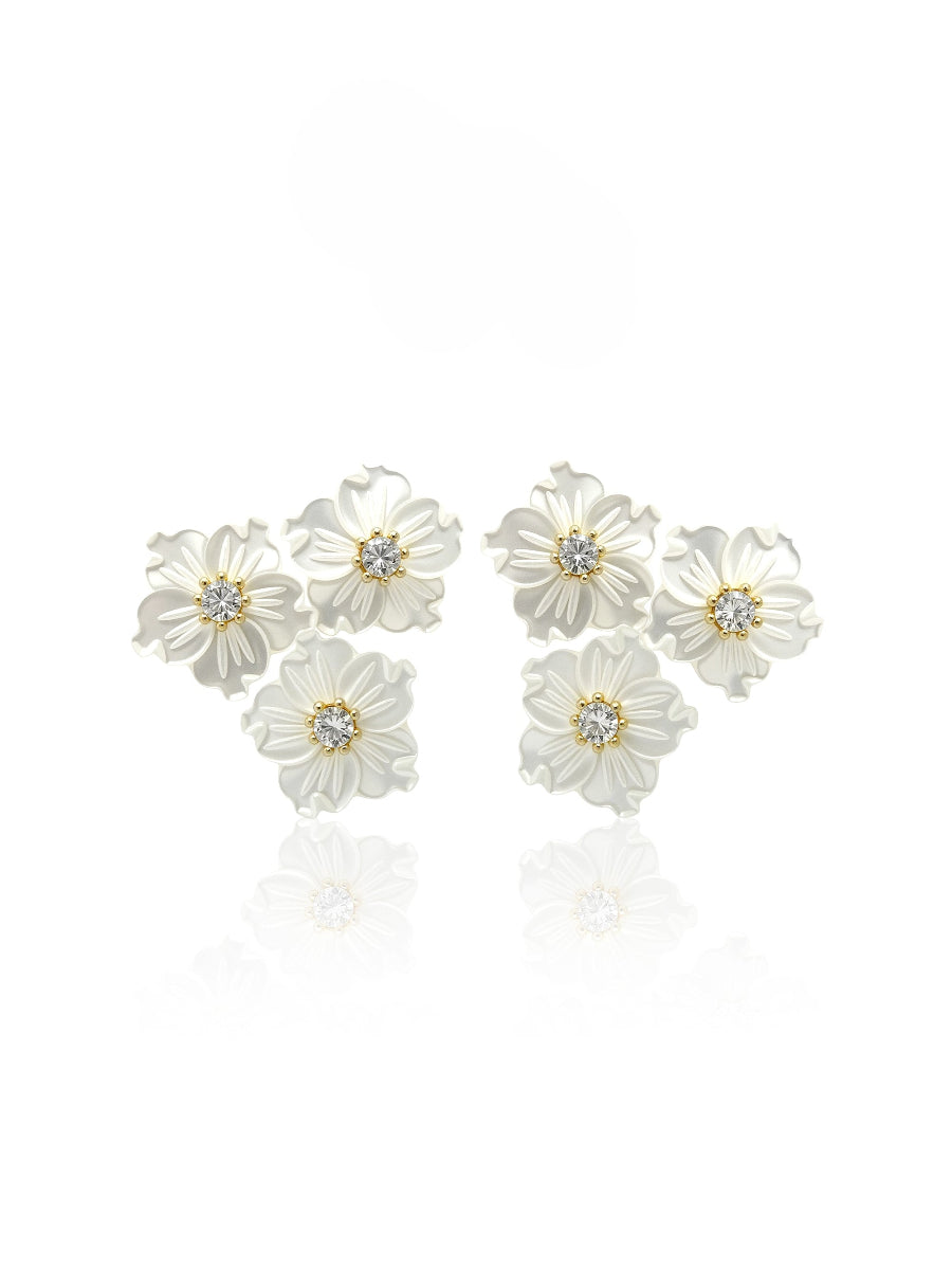 Triple Flowers Mother of Pearl CZ Earrings