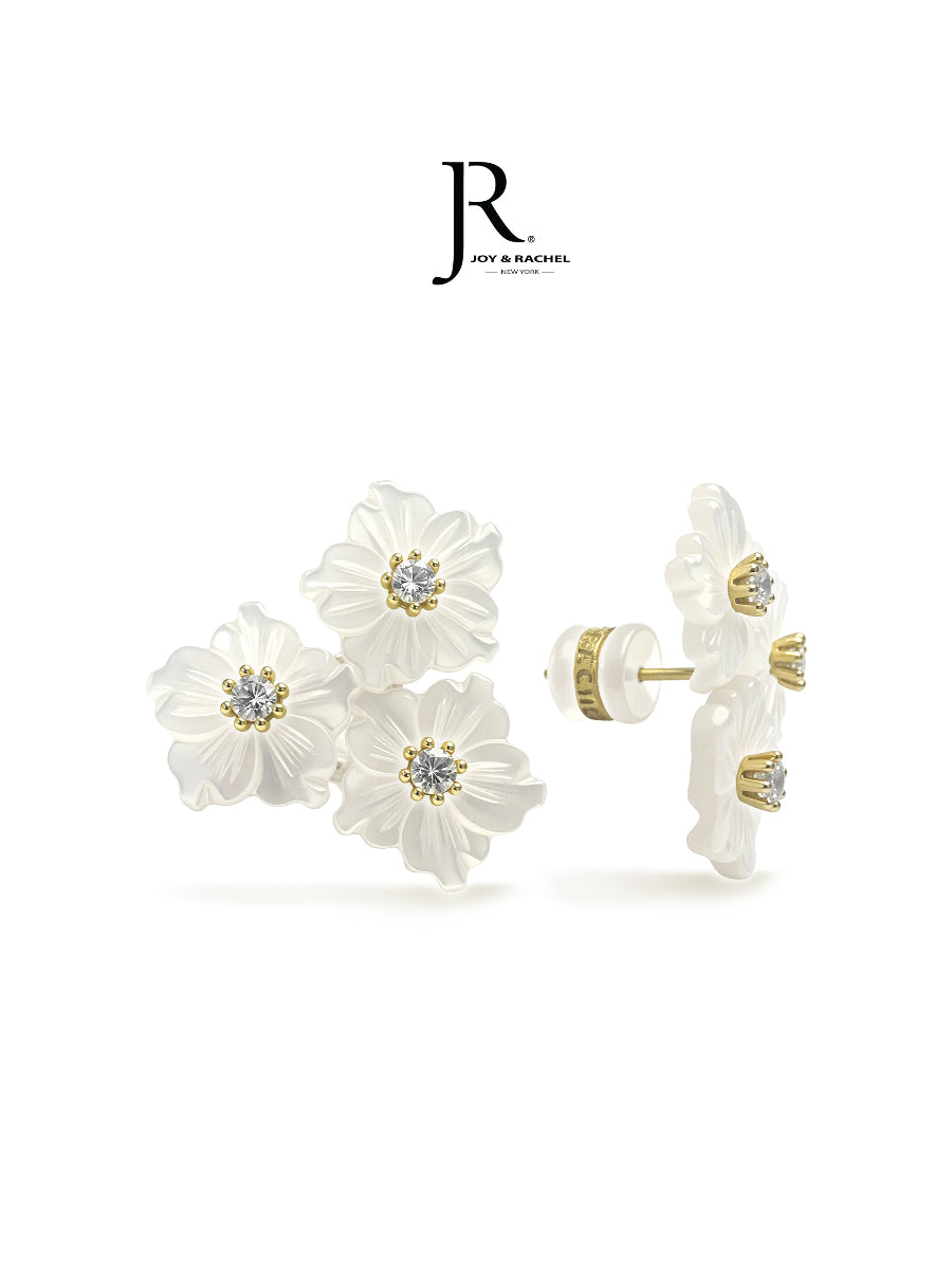 Triple Flowers Mother of Pearl CZ Earrings