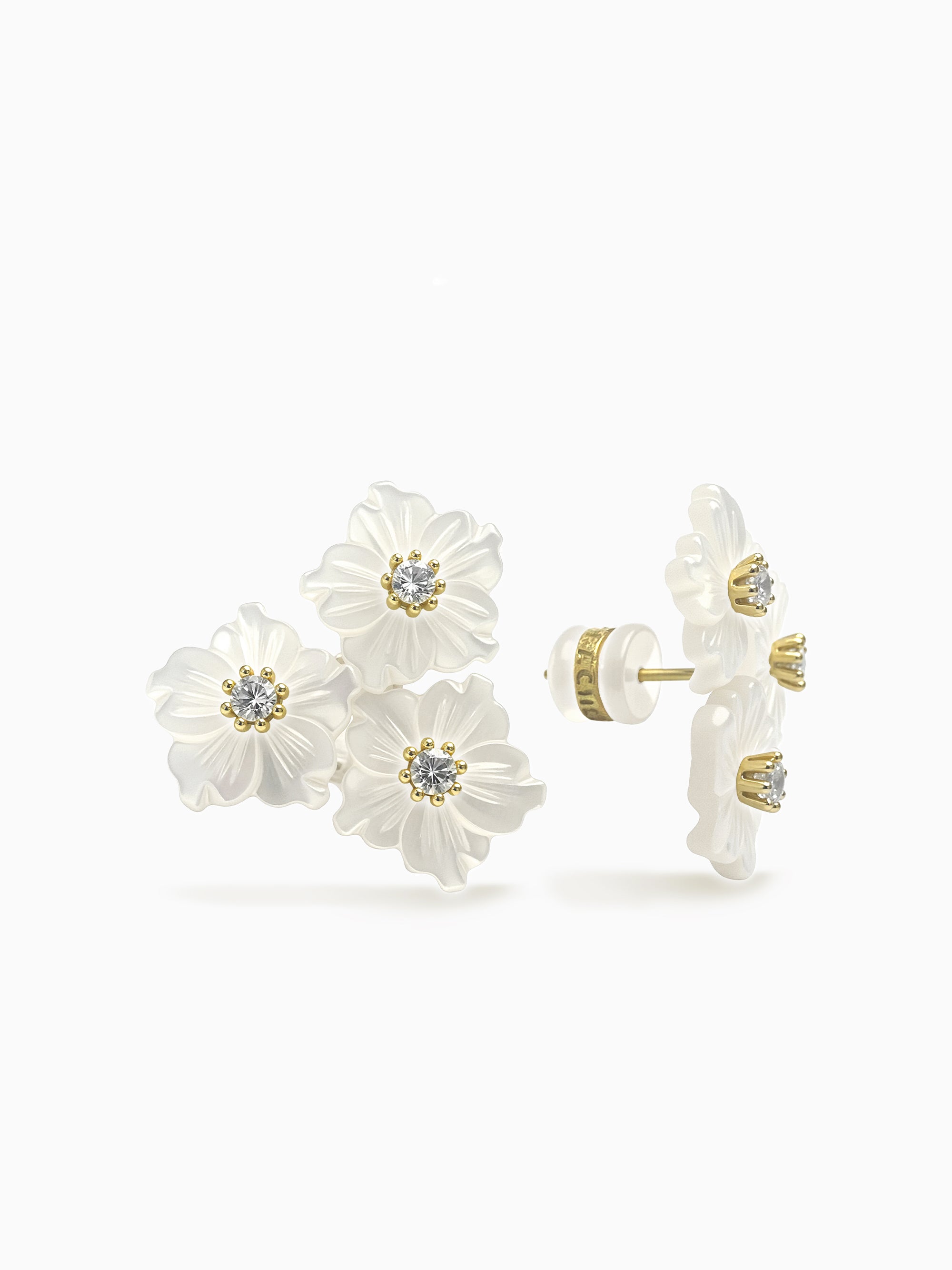 Triple Flowers Mother of Pearl CZ Earrings