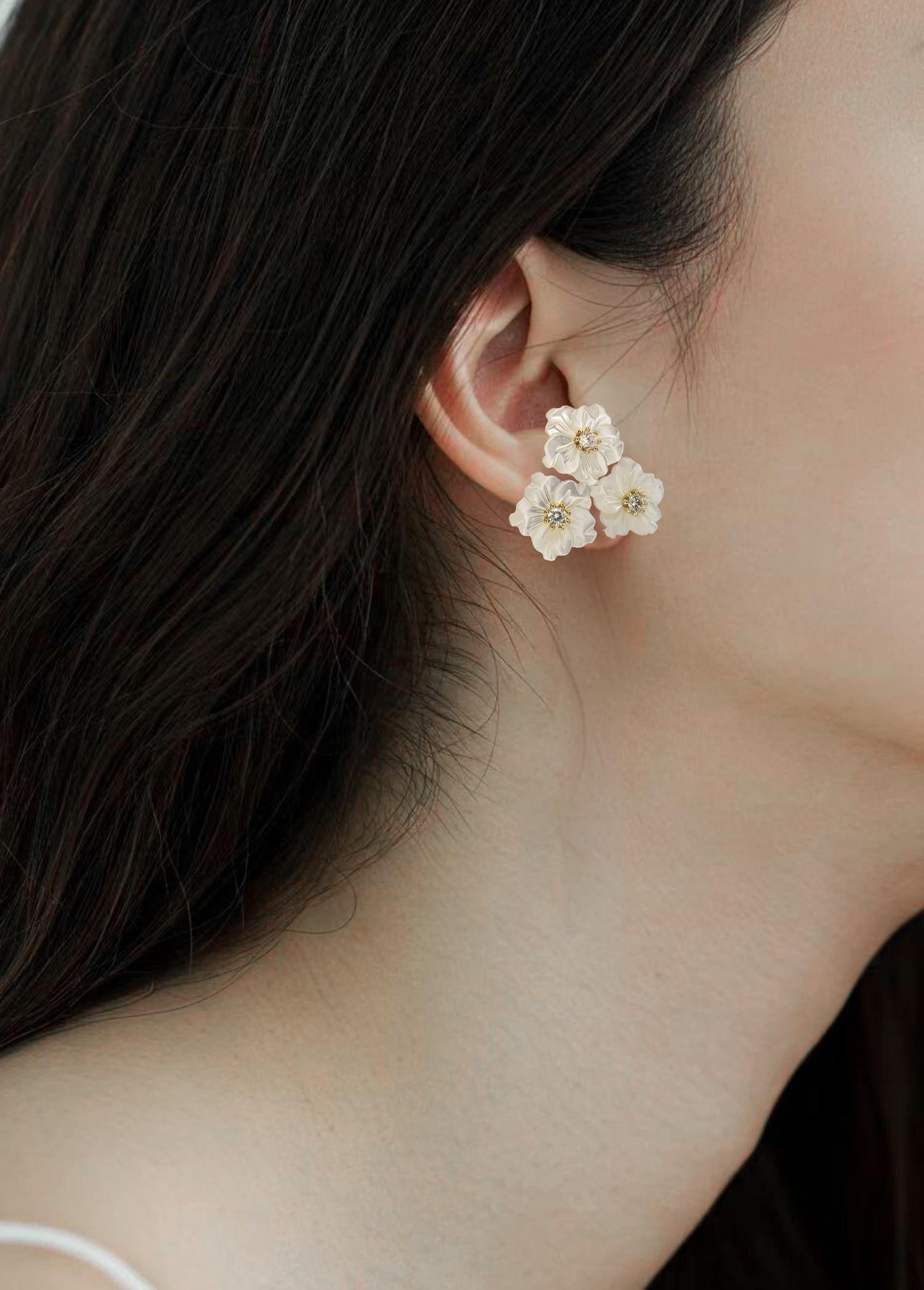 Triple Flowers Mother of Pearl CZ Earrings