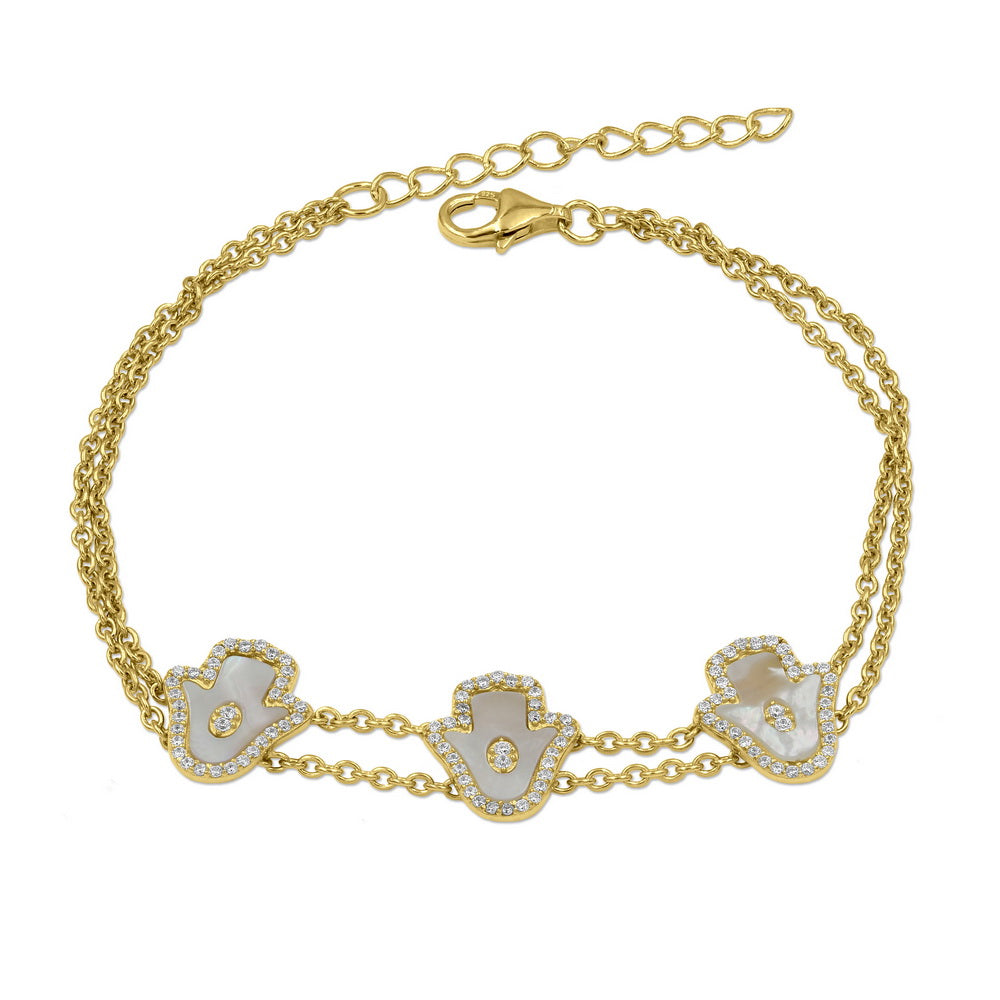18K Gold Plated Sterling Silver CZ Bracelet with Hamsa Shape Mother of Pearl