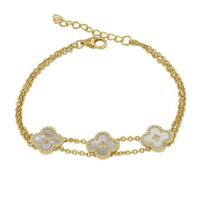 Load image into Gallery viewer, 18K Gold Plated Sterling Silver CZ Bracelet with Clover Shape Mother of Pearl
