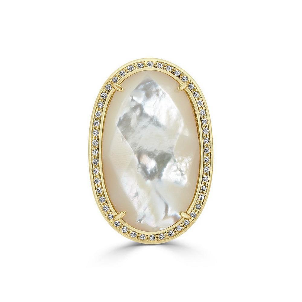 2.5 Micron 18K Gold Plated Oval Cut Faceted Natural Mother of Pearl With Opaque and White Zircon Ring/ Valentine's Gift/ Perfect Gift
