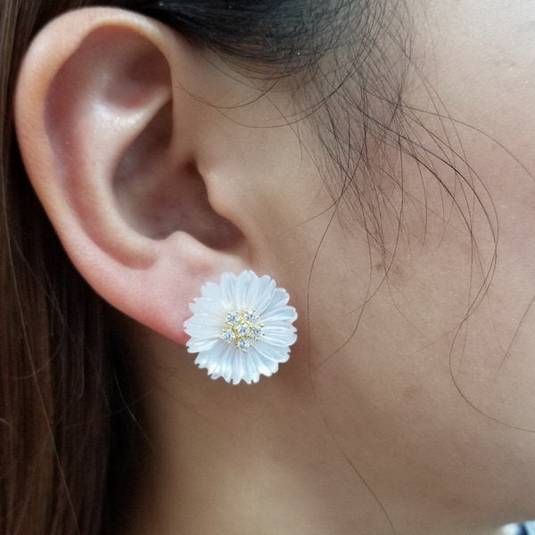 18K Gold Plated Sterling Silver With 5A CZ Daisy Shape Mother of Pearl Flower Stud Earrings Perfect Gift for Her