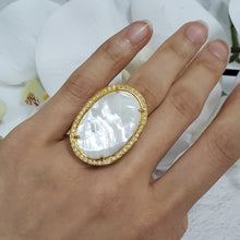 Load image into Gallery viewer, 2.5 Micron 18K Gold Plated Oval Cut Faceted Natural Mother of Pearl With Opaque and White Zircon Ring/ Valentine&#39;s Gift/ Perfect Gift
