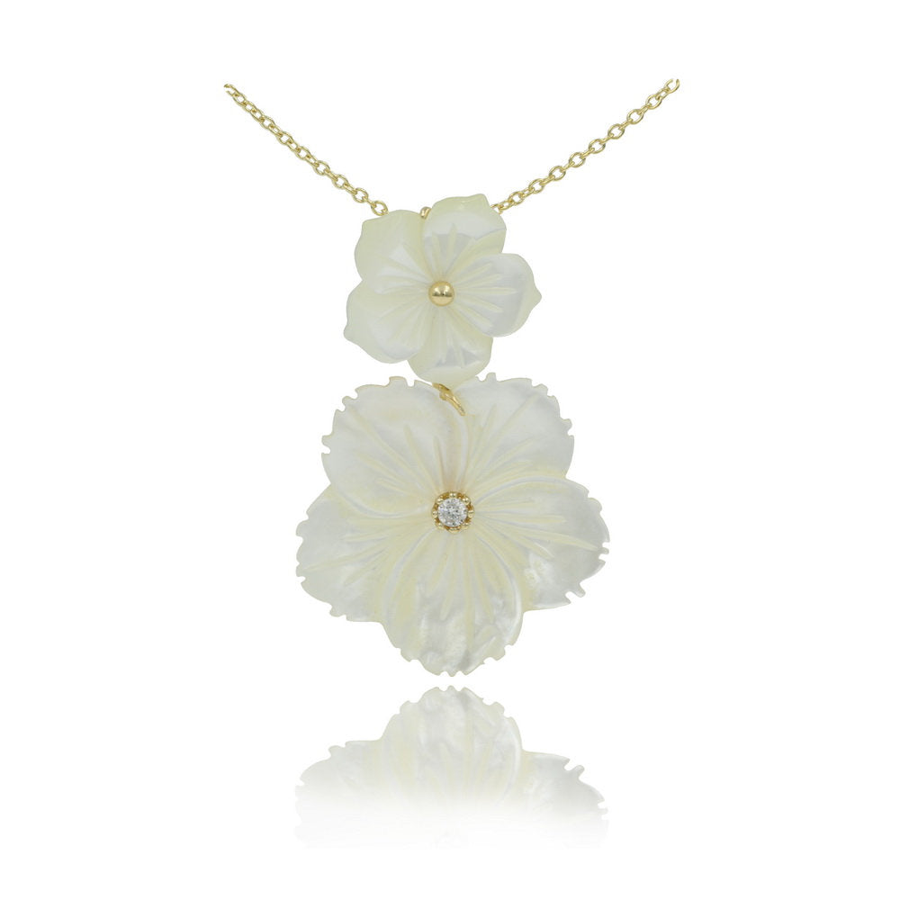 18K Gold Plated Sterling Silver With 5A CZ Double Flower Shape Mop Pendant Necklace