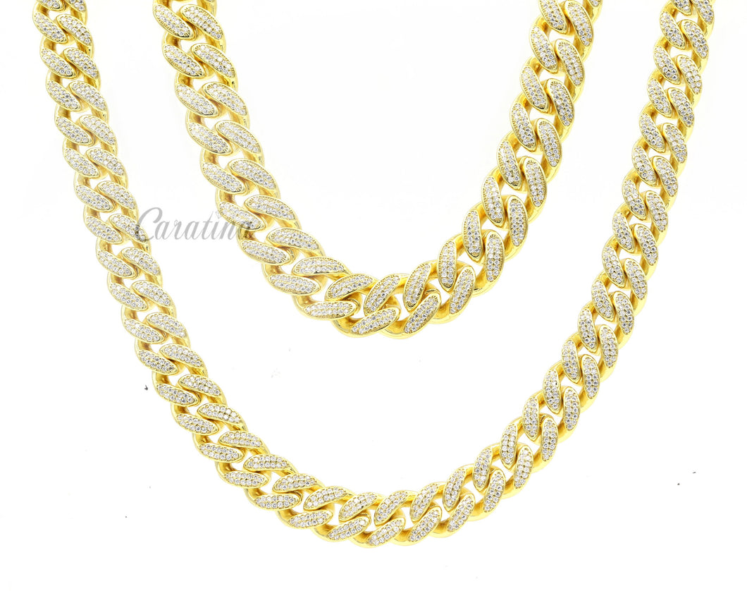 12mm /14mm Sterling Silver CZ Pave Prong Setting Gold/Platinum Plated Miami Link Chain for Men/for Women Necklace